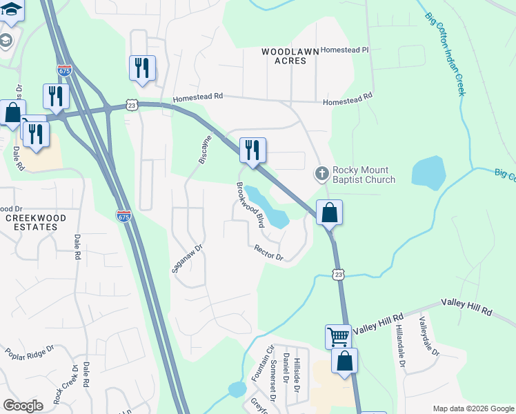 map of restaurants, bars, coffee shops, grocery stores, and more near 3714 Brookwood Boulevard in Rex