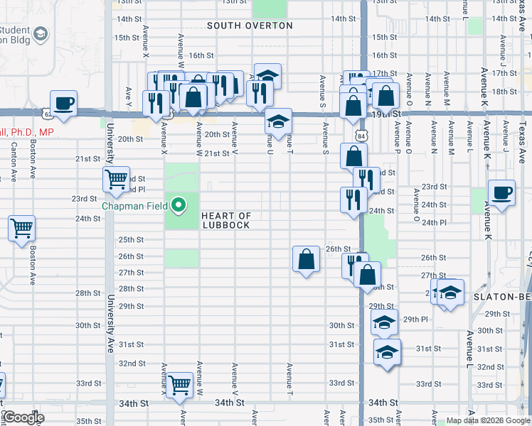 map of restaurants, bars, coffee shops, grocery stores, and more near 2010 24th Street in Lubbock