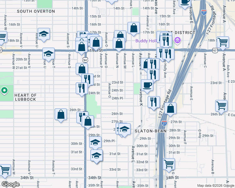 map of restaurants, bars, coffee shops, grocery stores, and more near 1505 24th Street in Lubbock