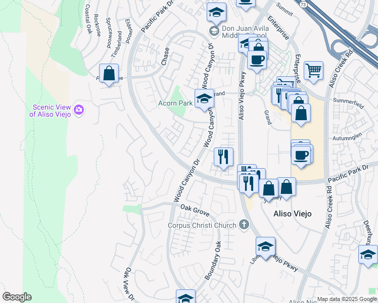 map of restaurants, bars, coffee shops, grocery stores, and more near 6 Chandler in Aliso Viejo