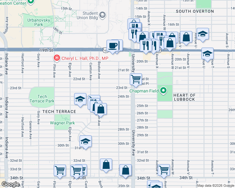 map of restaurants, bars, coffee shops, grocery stores, and more near 2522 24th Street in Lubbock