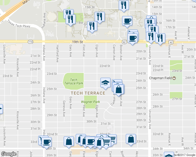 map of restaurants, bars, coffee shops, grocery stores, and more near 2832 24th Street in Lubbock