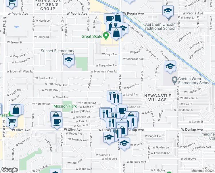 map of restaurants, bars, coffee shops, grocery stores, and more near 9610 North 43rd Lane in Glendale