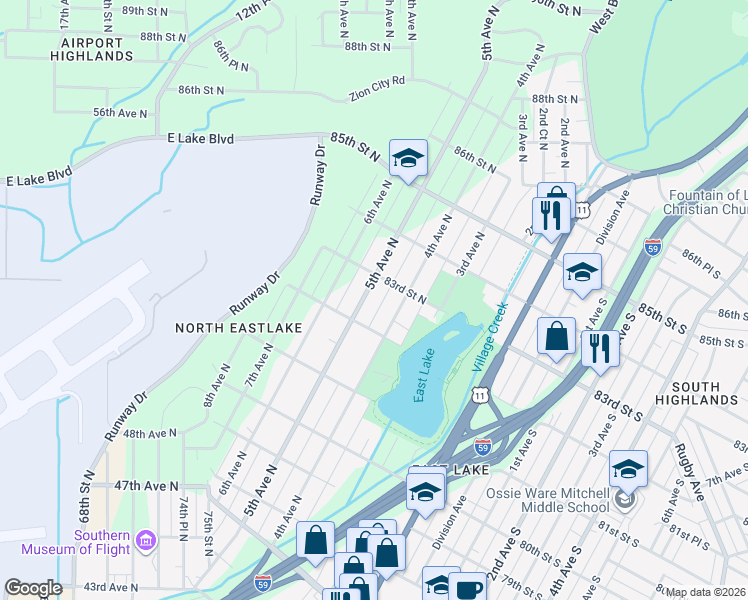 map of restaurants, bars, coffee shops, grocery stores, and more near 8215 5th Ave N in Birmingham