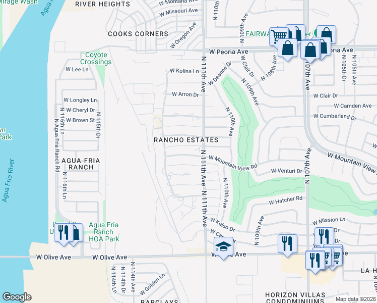 map of restaurants, bars, coffee shops, grocery stores, and more near 11132 West Mountain View Road in Sun City