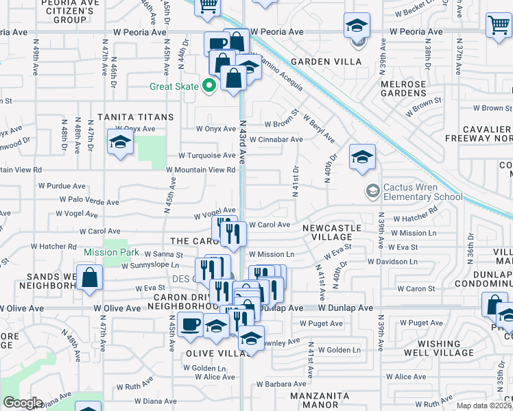 map of restaurants, bars, coffee shops, grocery stores, and more near 4232 West Vogel Avenue in Phoenix
