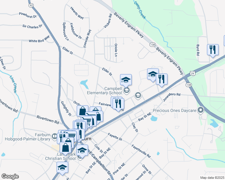 map of restaurants, bars, coffee shops, grocery stores, and more near 108 Elder Street in Fairburn