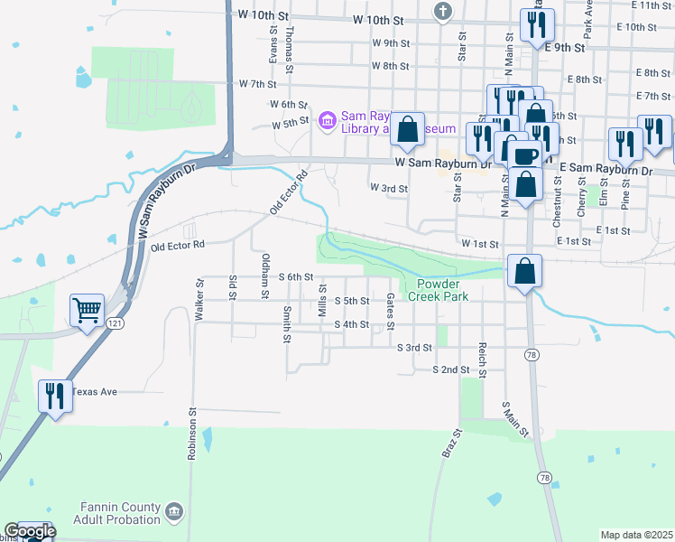 map of restaurants, bars, coffee shops, grocery stores, and more near 804 South 6th Street in Bonham