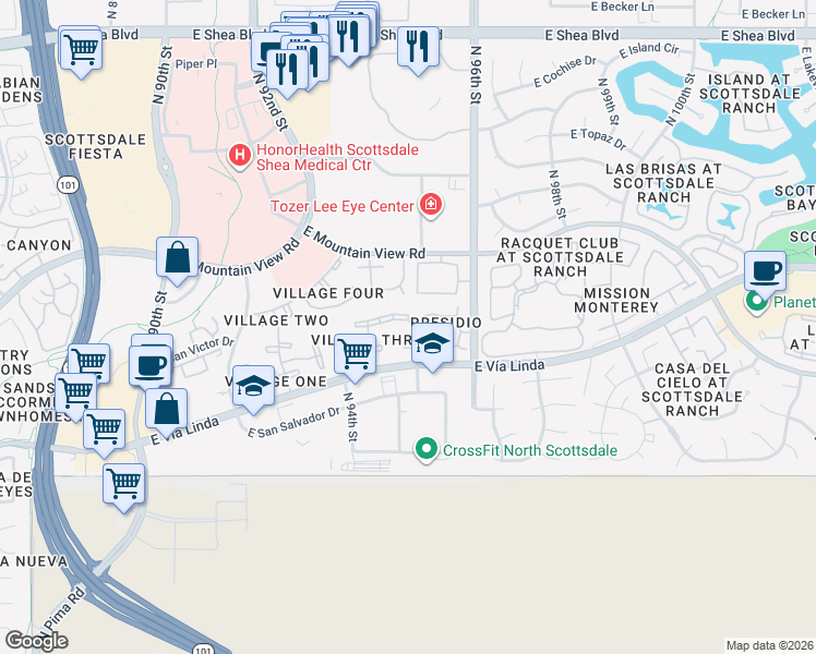 map of restaurants, bars, coffee shops, grocery stores, and more near 9460 East Mission Lane in Scottsdale