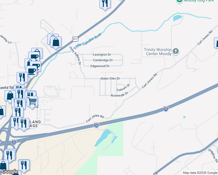 map of restaurants, bars, coffee shops, grocery stores, and more near 2149 Parsons Drive in Moody