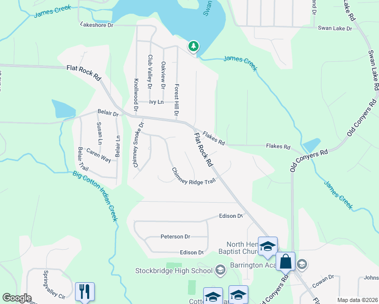 map of restaurants, bars, coffee shops, grocery stores, and more near 70 Chimney Rise Court in Stockbridge