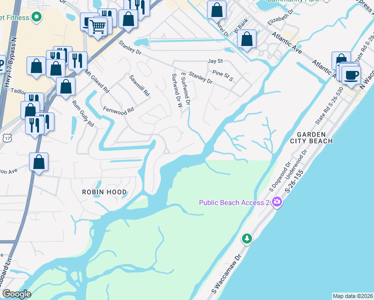 map of restaurants, bars, coffee shops, grocery stores, and more near 660 North Creekside Drive in Murrells Inlet