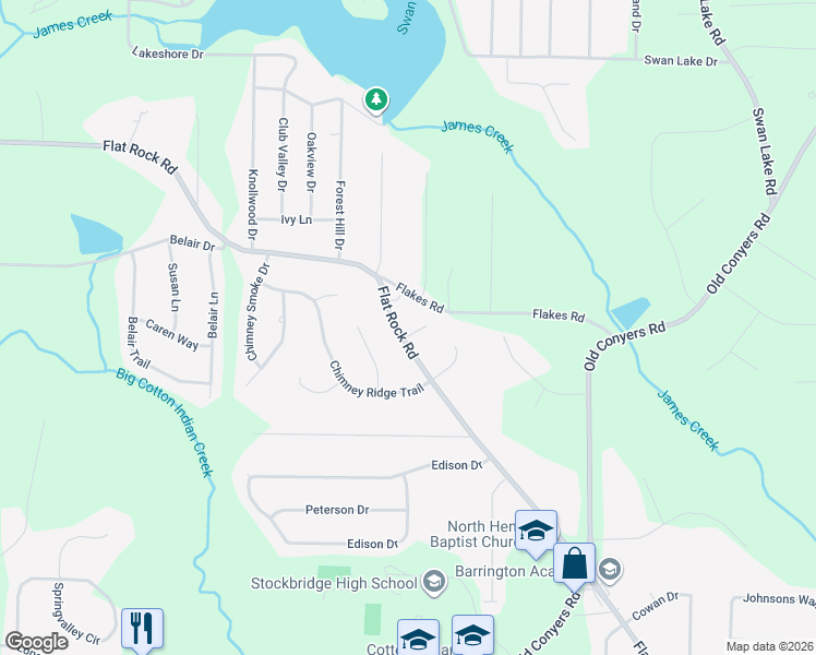 map of restaurants, bars, coffee shops, grocery stores, and more near 1398 Flat Rock Road in Stockbridge