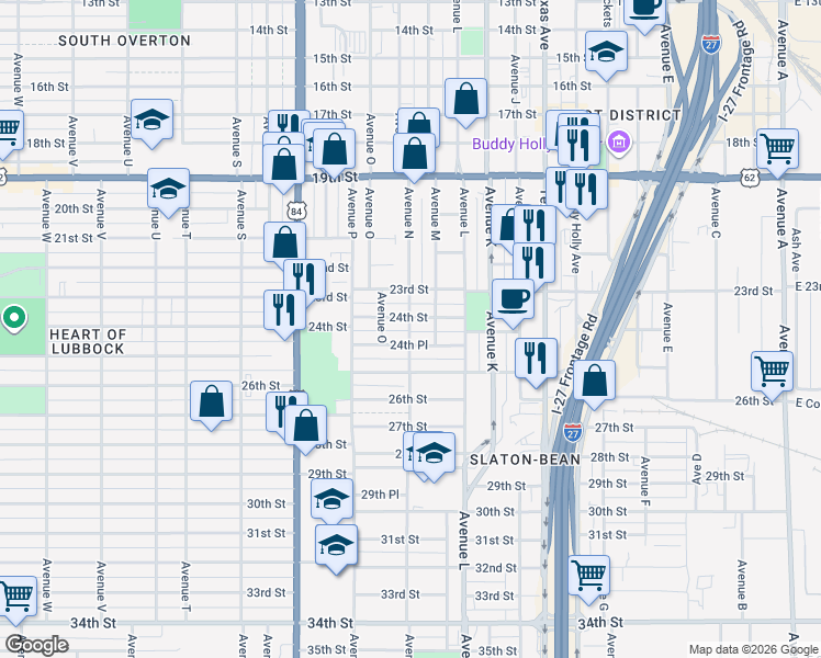 map of restaurants, bars, coffee shops, grocery stores, and more near 1505 24th Street in Lubbock