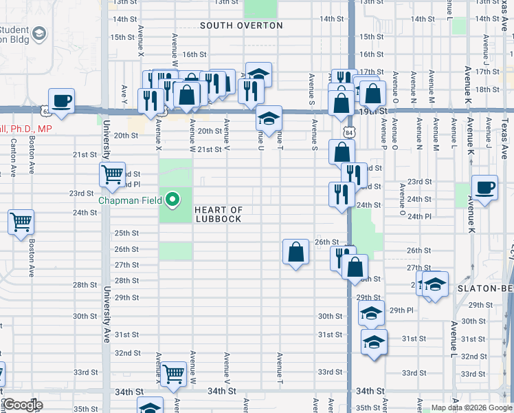 map of restaurants, bars, coffee shops, grocery stores, and more near 2010 24th Street in Lubbock