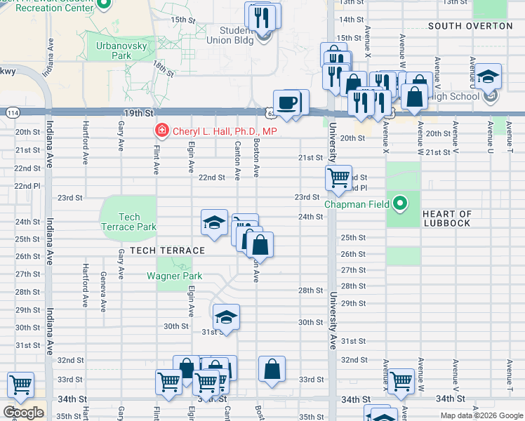 map of restaurants, bars, coffee shops, grocery stores, and more near 2704 24th Street in Lubbock