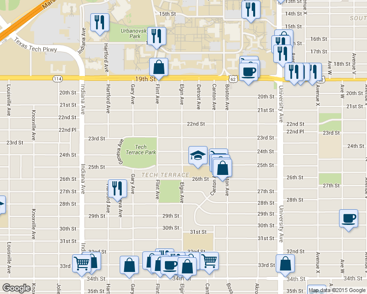 map of restaurants, bars, coffee shops, grocery stores, and more near 2828 24th Street in Lubbock