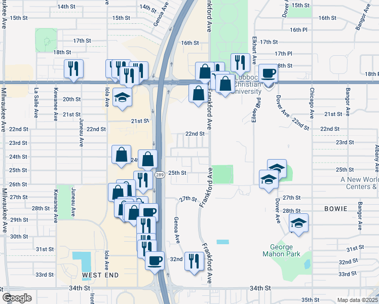 map of restaurants, bars, coffee shops, grocery stores, and more near 5808a 24th Street in Lubbock