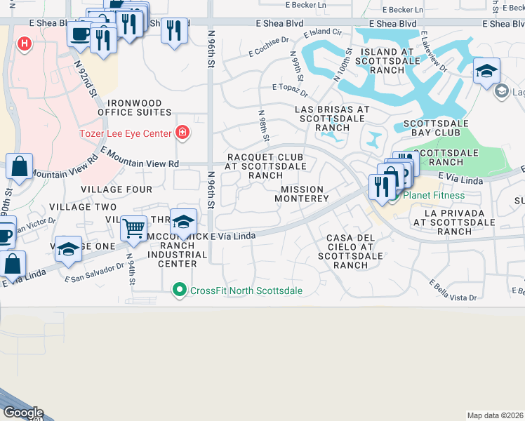 map of restaurants, bars, coffee shops, grocery stores, and more near 9707 East Mountain View Road in Scottsdale