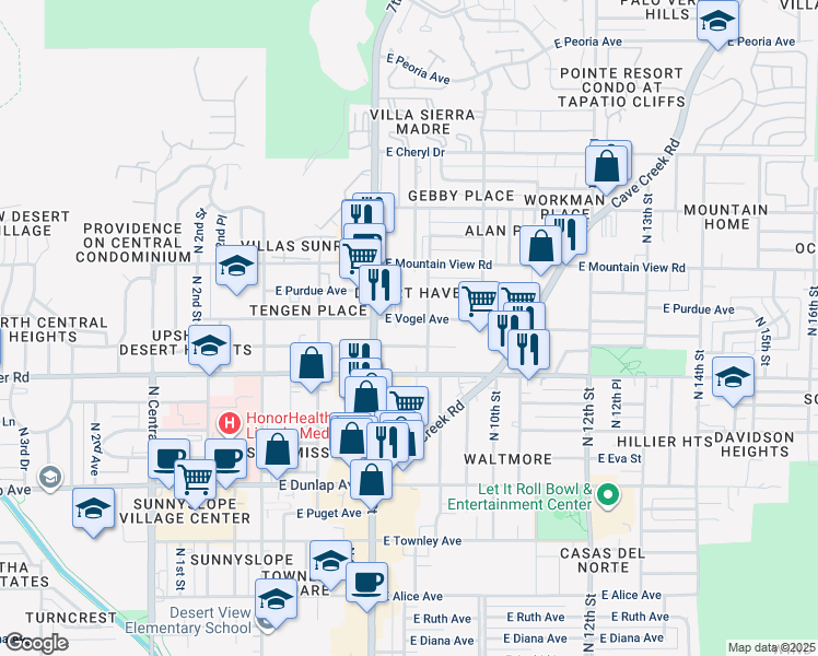 map of restaurants, bars, coffee shops, grocery stores, and more near 737 East Vogel Avenue in Phoenix