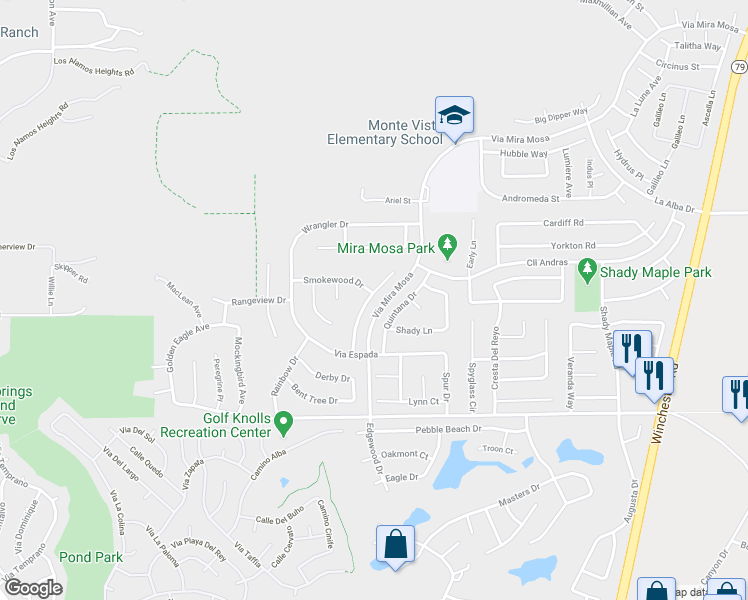 map of restaurants, bars, coffee shops, grocery stores, and more near 37642 Rushing Wind Court in Murrieta