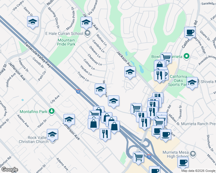 map of restaurants, bars, coffee shops, grocery stores, and more near 40995 Belleray Avenue in Murrieta