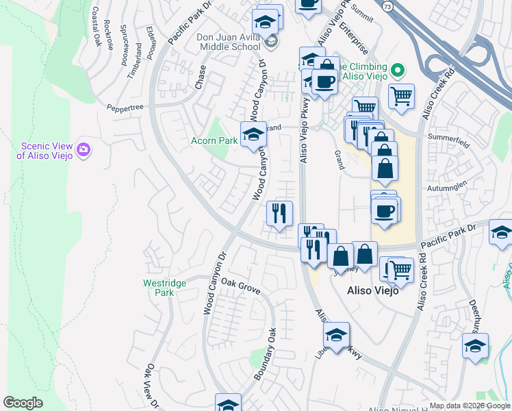 map of restaurants, bars, coffee shops, grocery stores, and more near 73 Plateau in Aliso Viejo