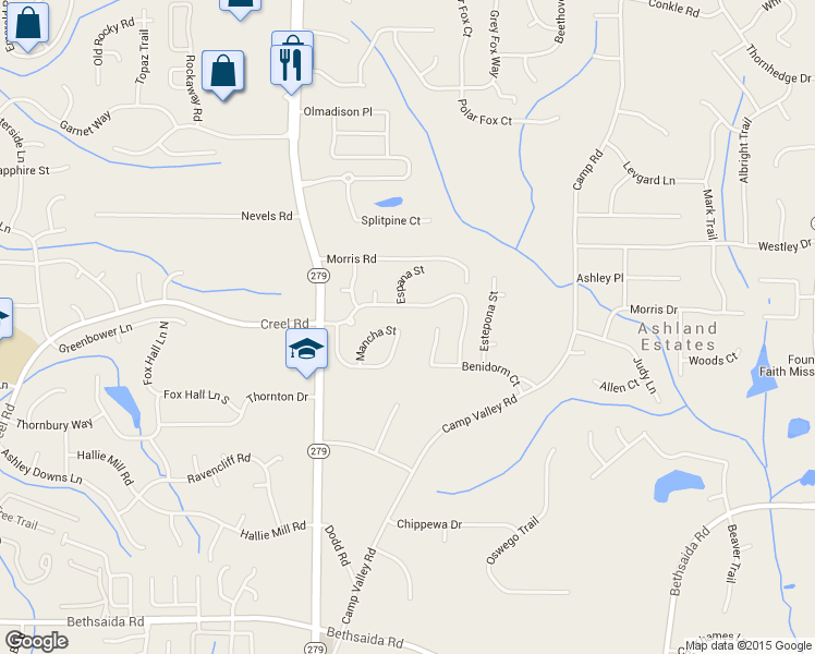 map of restaurants, bars, coffee shops, grocery stores, and more near 6767 Mancha Street in Atlanta