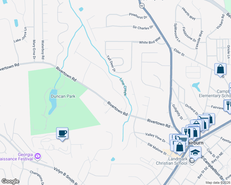 map of restaurants, bars, coffee shops, grocery stores, and more near 1060 Colony Trail in Fairburn