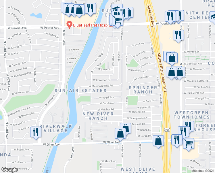 map of restaurants, bars, coffee shops, grocery stores, and more near 9609 West Mountain View Road in Peoria