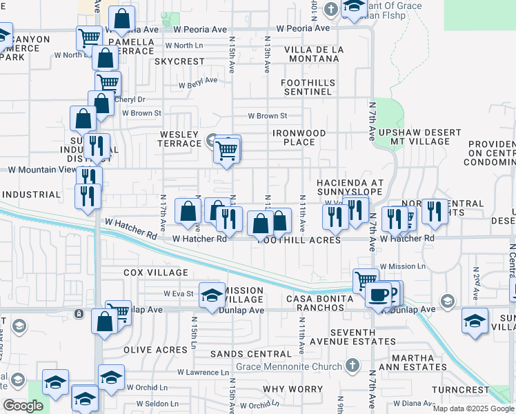 map of restaurants, bars, coffee shops, grocery stores, and more near 1223 West Vogel Avenue in Phoenix