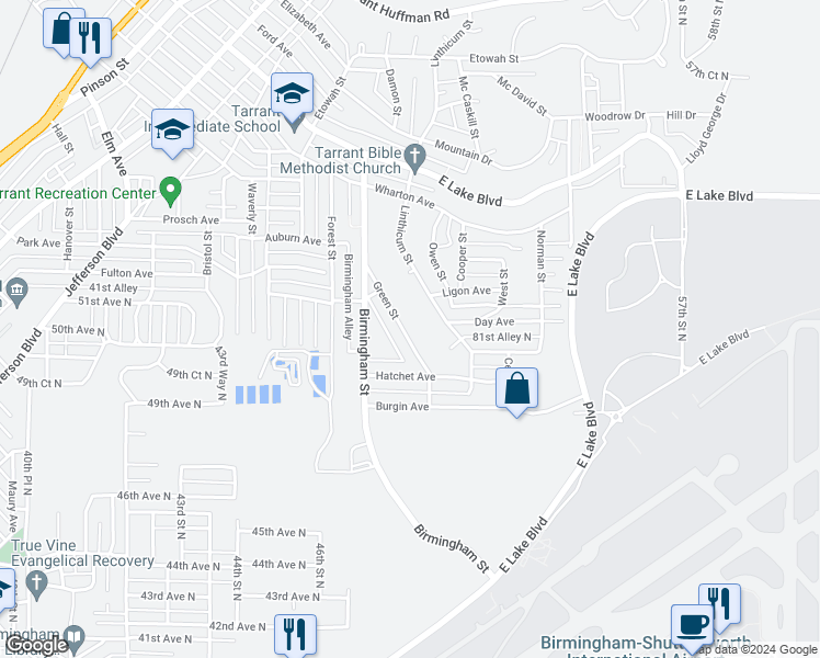 map of restaurants, bars, coffee shops, grocery stores, and more near 1041 Green Street in Birmingham