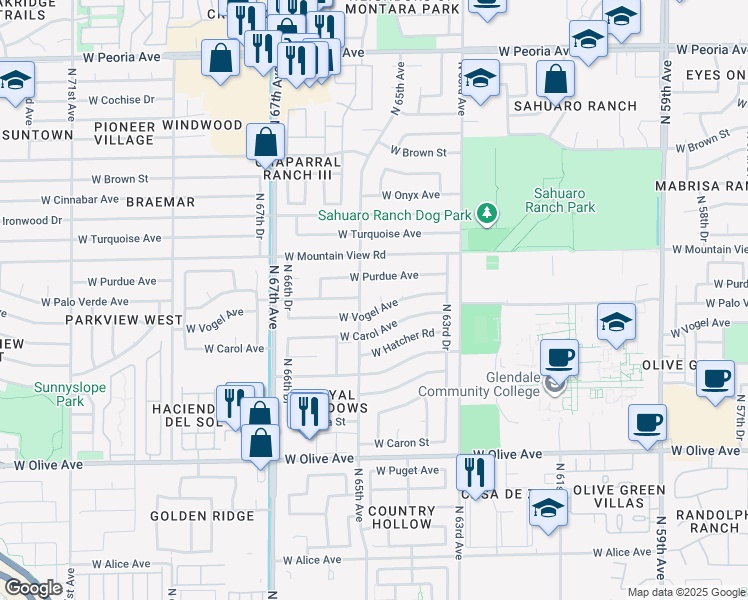 map of restaurants, bars, coffee shops, grocery stores, and more near 9450 North 64th Drive in Glendale