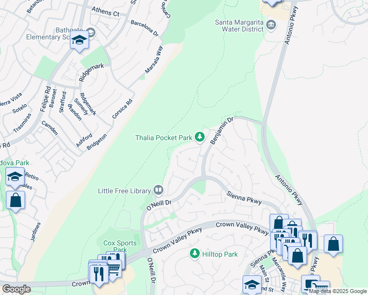 map of restaurants, bars, coffee shops, grocery stores, and more near 7 Thalia Street in Ladera Ranch