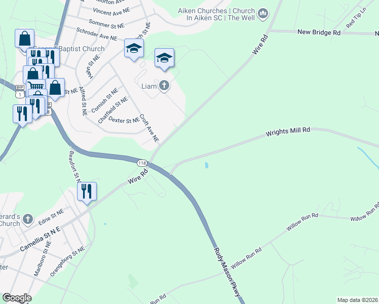 map of restaurants, bars, coffee shops, grocery stores, and more near 181 Wrights Mill Road in Aiken