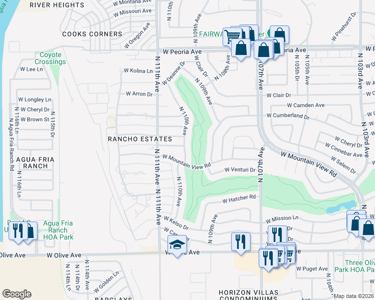 map of restaurants, bars, coffee shops, grocery stores, and more near 9827 North 110th Avenue in Sun City