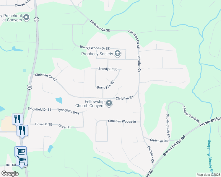 map of restaurants, bars, coffee shops, grocery stores, and more near 1877 Brandy Lane Southeast in Conyers