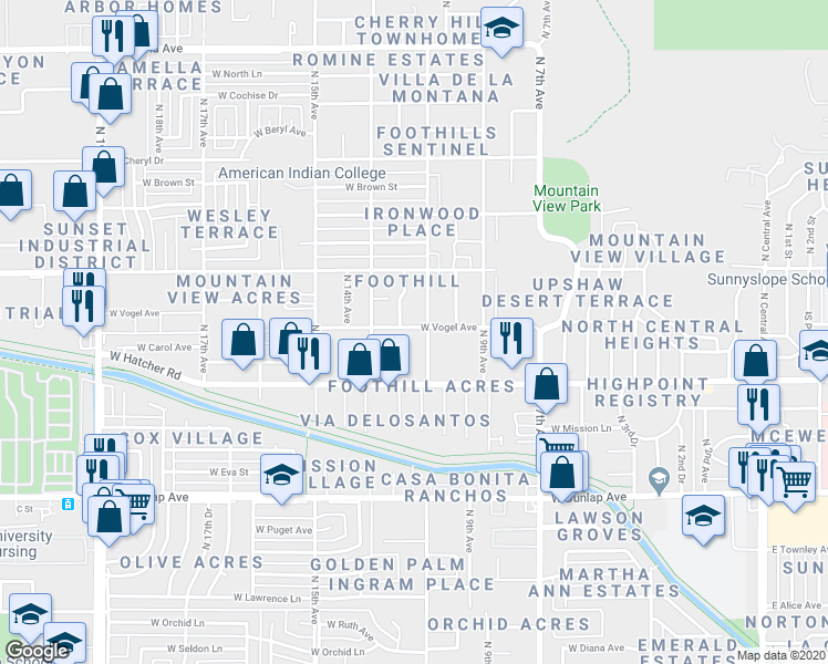 map of restaurants, bars, coffee shops, grocery stores, and more near 1109 West Vogel Avenue in Phoenix