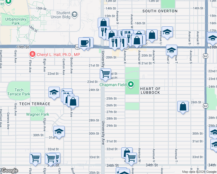 map of restaurants, bars, coffee shops, grocery stores, and more near 2429 23rd Street in Lubbock