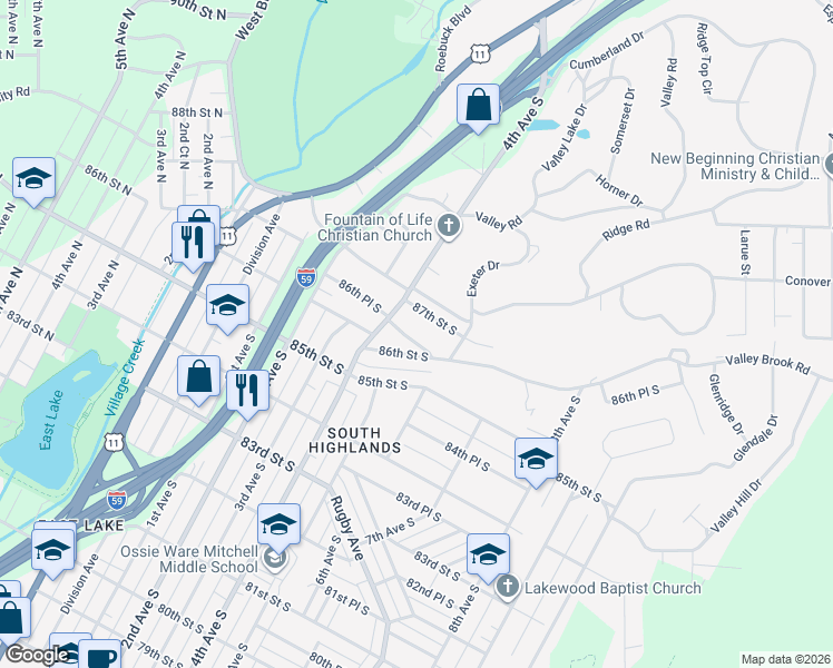 map of restaurants, bars, coffee shops, grocery stores, and more near 421 86th Place South in Birmingham
