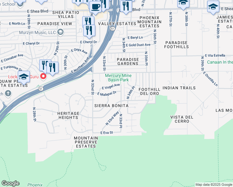 map of restaurants, bars, coffee shops, grocery stores, and more near 3315 East Malapai Drive in Phoenix