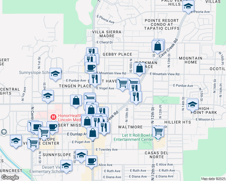 map of restaurants, bars, coffee shops, grocery stores, and more near 809 East Vogel Avenue in Phoenix