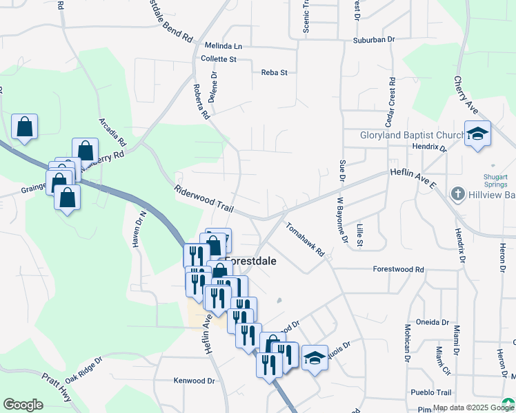 map of restaurants, bars, coffee shops, grocery stores, and more near 1652 Roberta Lane in Birmingham
