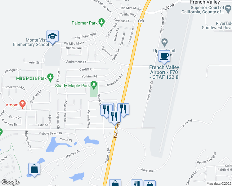 map of restaurants, bars, coffee shops, grocery stores, and more near 37695 Townsville Court in Murrieta