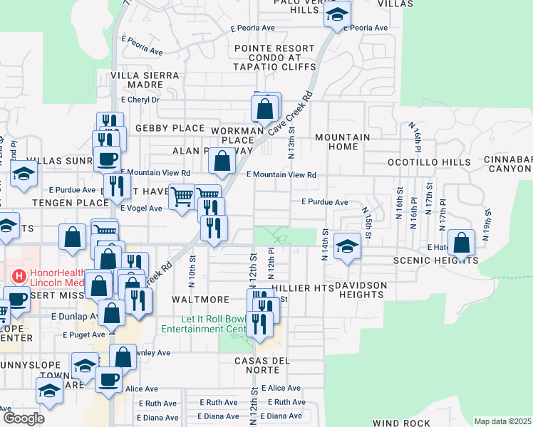 map of restaurants, bars, coffee shops, grocery stores, and more near 1215 East Vogel Avenue in Phoenix