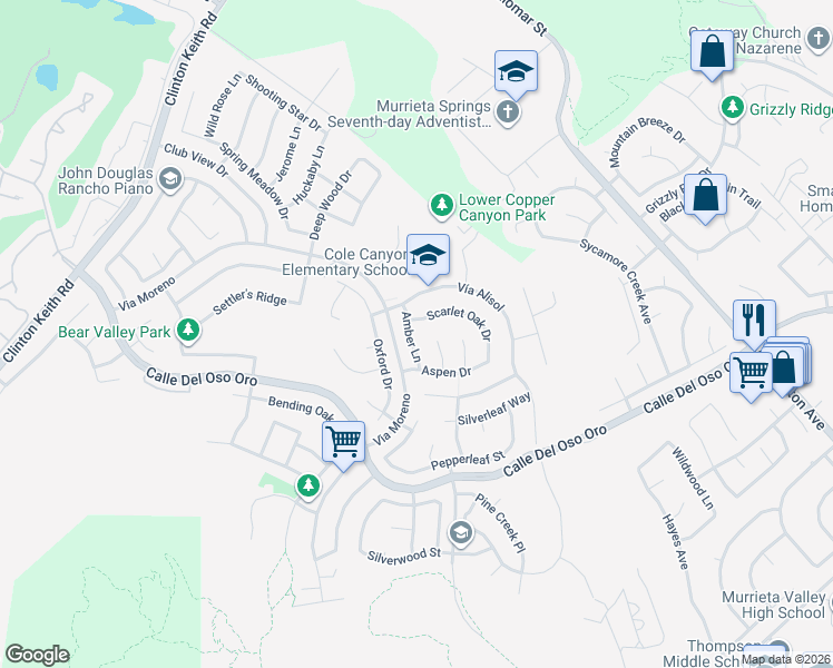 map of restaurants, bars, coffee shops, grocery stores, and more near 37760 Amber Lane in Murrieta