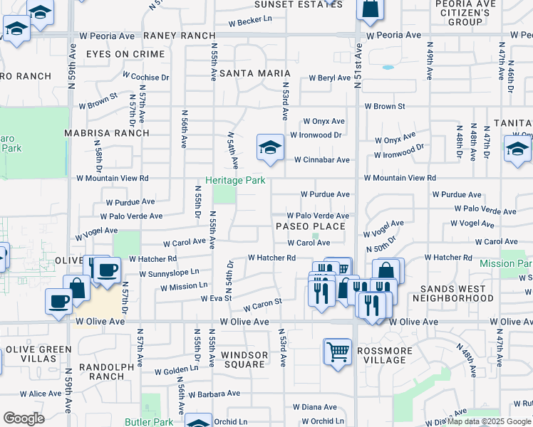 map of restaurants, bars, coffee shops, grocery stores, and more near 9608 North 53rd Avenue in Glendale