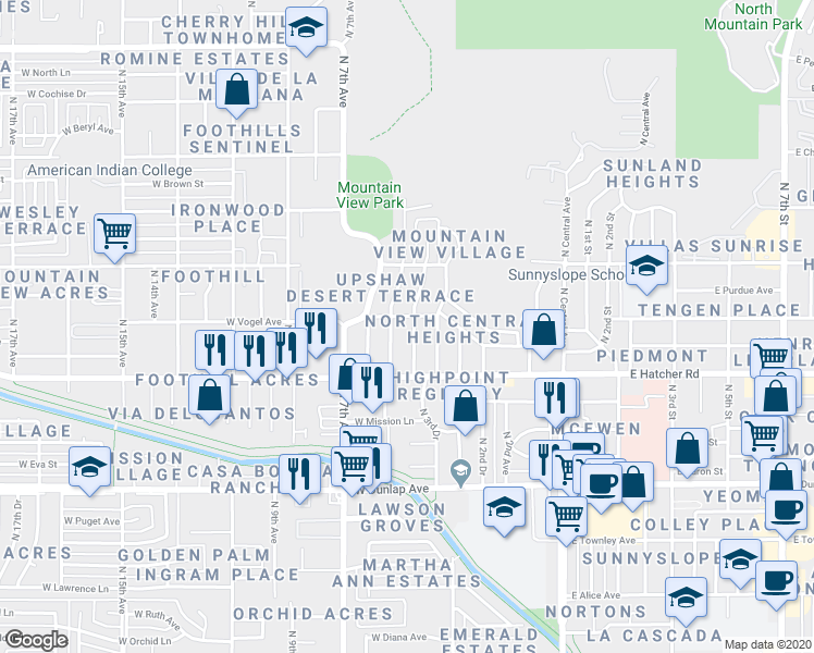 map of restaurants, bars, coffee shops, grocery stores, and more near 9444 North 4th Avenue in Phoenix