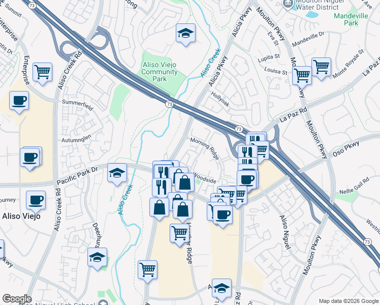 map of restaurants, bars, coffee shops, grocery stores, and more near 25 Bramble Lane in Aliso Viejo