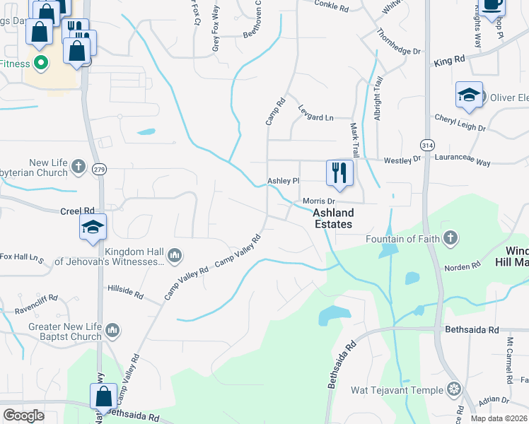 map of restaurants, bars, coffee shops, grocery stores, and more near 6725 Camp Road in Riverdale